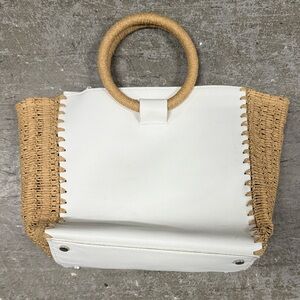 White and Tan Woven Handle Tote Bag